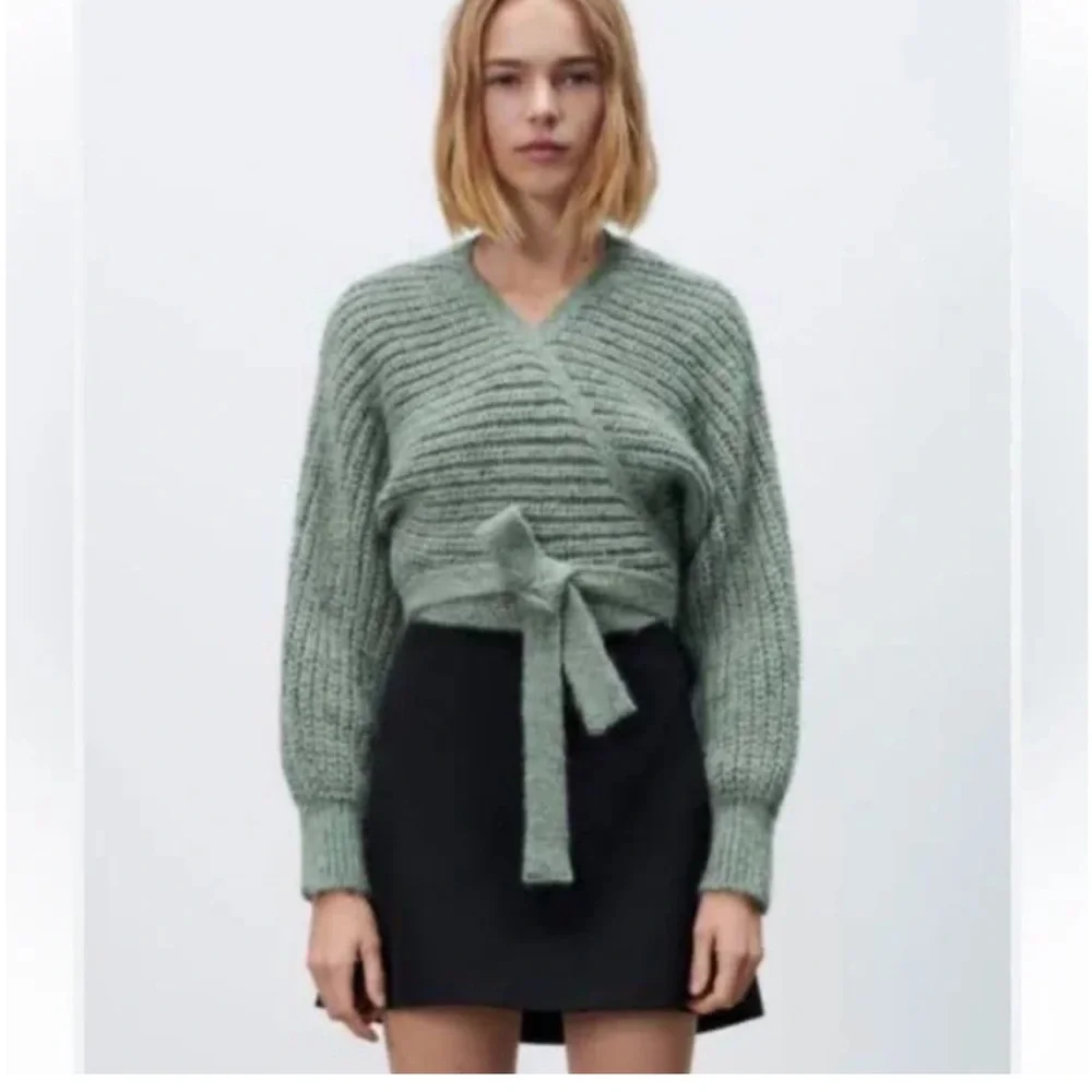 Zara Sage Green Wrap Knit Cardigan with Tie